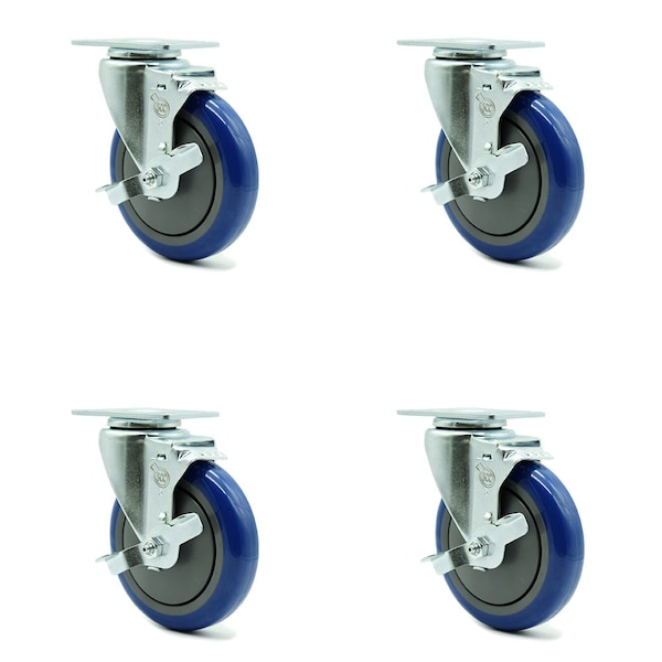 5 Inch Blue Polyurethane Wheel Swivel Top Plate Caster Set with Brake SCC